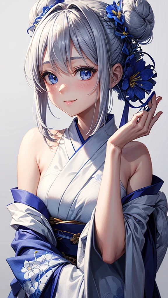 Anime character, half body only, upper body only, half body portrait, posing like a model, good looking, beautiful, full of details, aesthetic, hd, masterpiece art, amazing work. Solo, young girl, hair in bun, one bun, just one bun, flower accessories in bun, bluish gray colored hair, Lady, blue eyes, smile, elegant look, elegant carrying, white Japanese kimono, blue decoration, Lily flower theme, eyes facing camera, there are no hands to hinder the appearance, simple background.