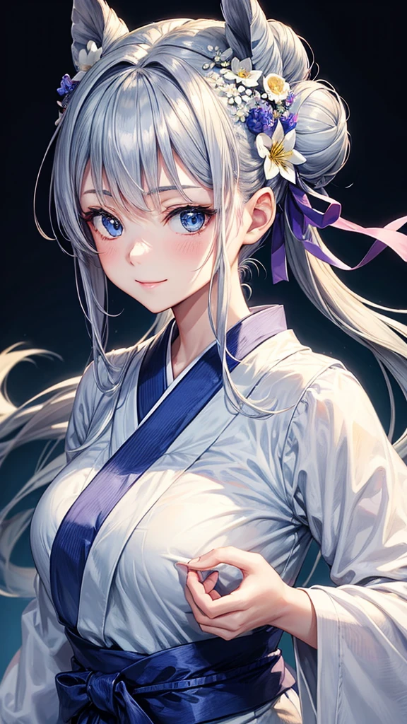 Anime character, half body only, upper body only, half body portrait, posing like a model, good looking, beautiful, full of details, aesthetic, hd, masterpiece art, amazing work. Solo, young girl, hair in bun, one bun, just one bun, flower accessories in bun, bluish gray colored hair, Lady, blue eyes, smile, elegant look, elegant carrying, white Japanese kimono, blue decoration, Lily flower theme, eyes facing camera, there are no hands to hinder the appearance, simple background.