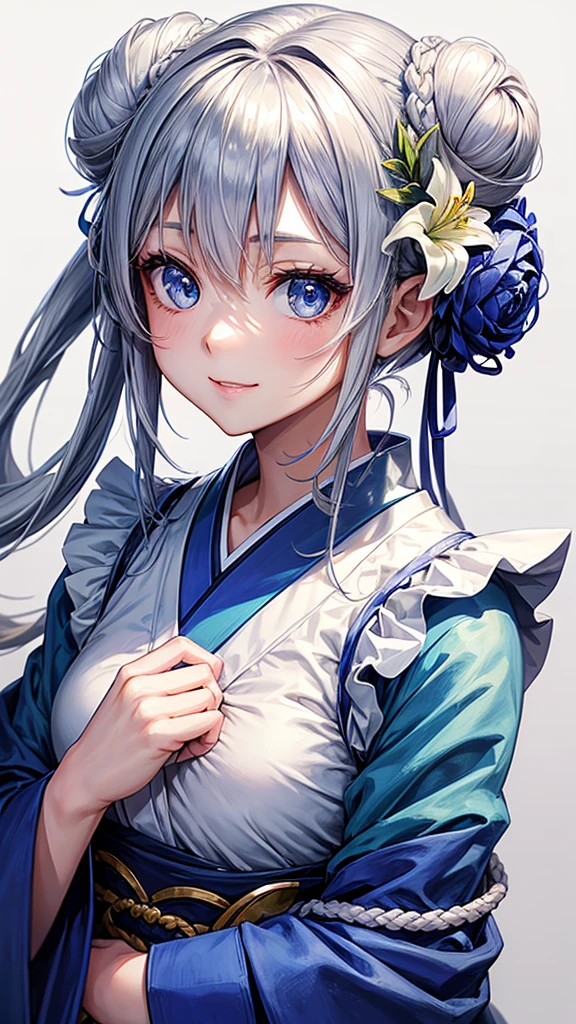 Anime character, half body only, upper body only, half body portrait, posing like a model, good looking, beautiful, full of details, aesthetic, hd, masterpiece art, amazing work. Solo, young girl, hair in bun, one bun, just one bun, flower accessories in bun, bluish gray colored hair, Lady, blue eyes, smile, elegant look, elegant carrying, white Japanese kimono, blue decoration, Lily flower theme, eyes facing camera, there are no hands to hinder the appearance, simple background.