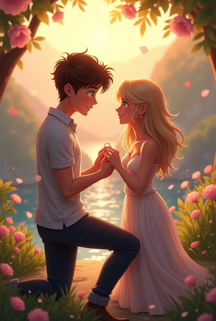 A blonde woman with blue eyes and her partner, a man with dark brown hair, asking her to marry him