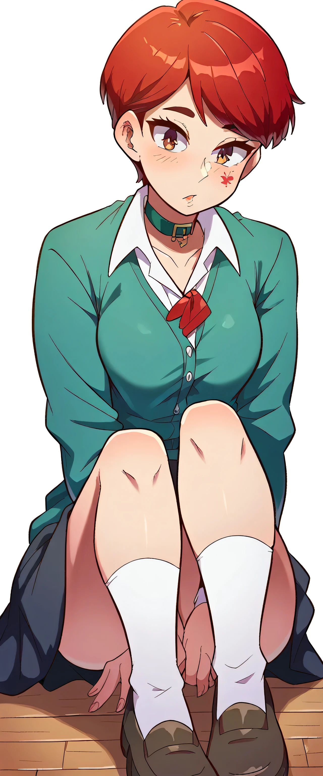 A cute girl attractive big breast beautiful beautiful red hair short loose cut her red eye soft cheek wears white button down shirt underneath long sleeve green sweater red tie collar and a light black skirt watery white socks brown shoe 