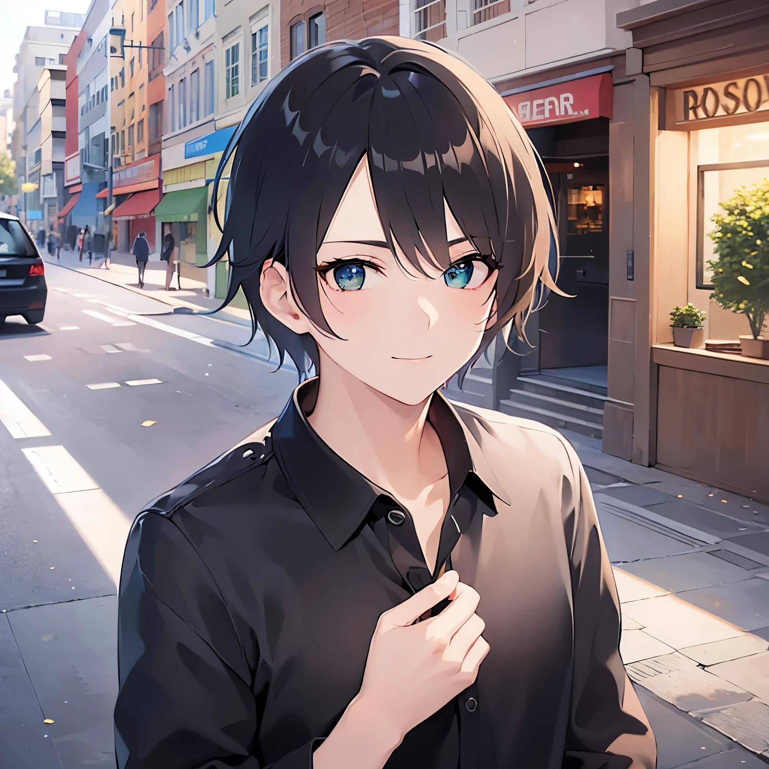 BREAK(25-year-old male:1.5) and (Brown short hair) and (Green Eyes)BREAK, (looking away:1.5),upper body、 
shiny skin, masterpiece、Highest quality、

Wearing a black shirt、
blush,smile,In town、(alone:1.5)