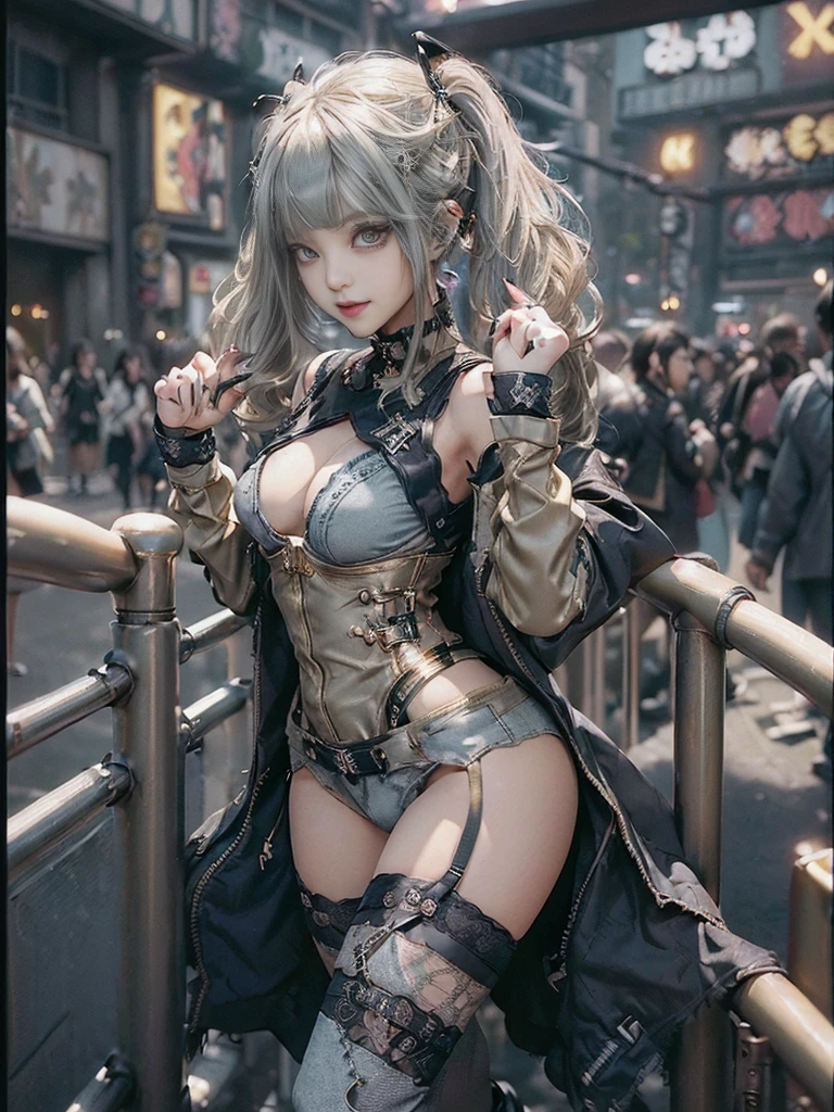 (Full Body View:1.3)、(Side view:1.1)、(Smiling with teeth showing:1.3),(Shibuya Gal:1.5)、(Beautiful:1.4)、(Goth Fashion:1.5)、(Punk RockVisual Kei:1.3)、(Futuristic baby doll in metallic grey, khaki and denim:1.5)、(A delicate jacket in beige, black and navy:1.5)、(Denim garter belt:1.5)、(Denim, olive, and white bodysuit:1.4)、(Heart-shaped silver accessories:1.5)、(Brown Skin Belt:1.4)、(Blue High Heels:1.4)、(Lace patterned underwear:1.4)、28 years old、NSFW,((Highest quality、In 8K、masterpiece:1.3))、Sharp focus:1.2、(Layered Cut、Beautiful boobs:1.1),Beautiful woman with perfect figure:1.4、(Doing an aerobics pose:1.3)、Slender Abs:1.2、Butt、Highly detailed face and skin texture、Detailed eyes、double eyelid,(Twin tails:1.3)、(Light gold colored hair:1.3)、(Black brown eyes:1.3)、Obscene、Gravure idol、(Luxurious amusement park at night:1.3)、(Make your legs thinner:1.4)、(Thin thighs:1.4)、(Slim Body:1.3)、(clavicle:1.1)
