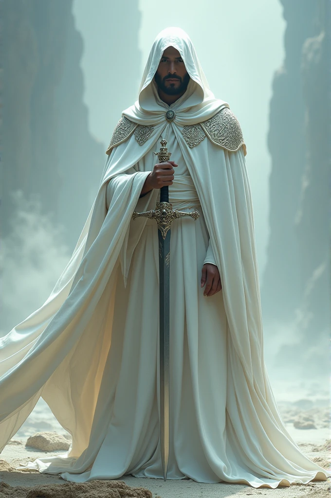 Man in hood and white cloak with a sword