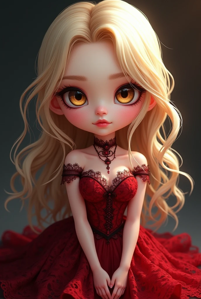 chibi, monochrome pencil drawing, self-portrait, cute beautiful pretty vampire woman, silky blonde hair, gold eyes, (attractive and seductive) and (amorous and lewd) expression, wearing red lace gothic dress, shading, shadows, contrast, conceptual installation art, 2.5D, delicate and dynamic effects, iridescent effects, artistic, hyper, graphic CG digital art, (anime, manga, cartoon, illustration)-style