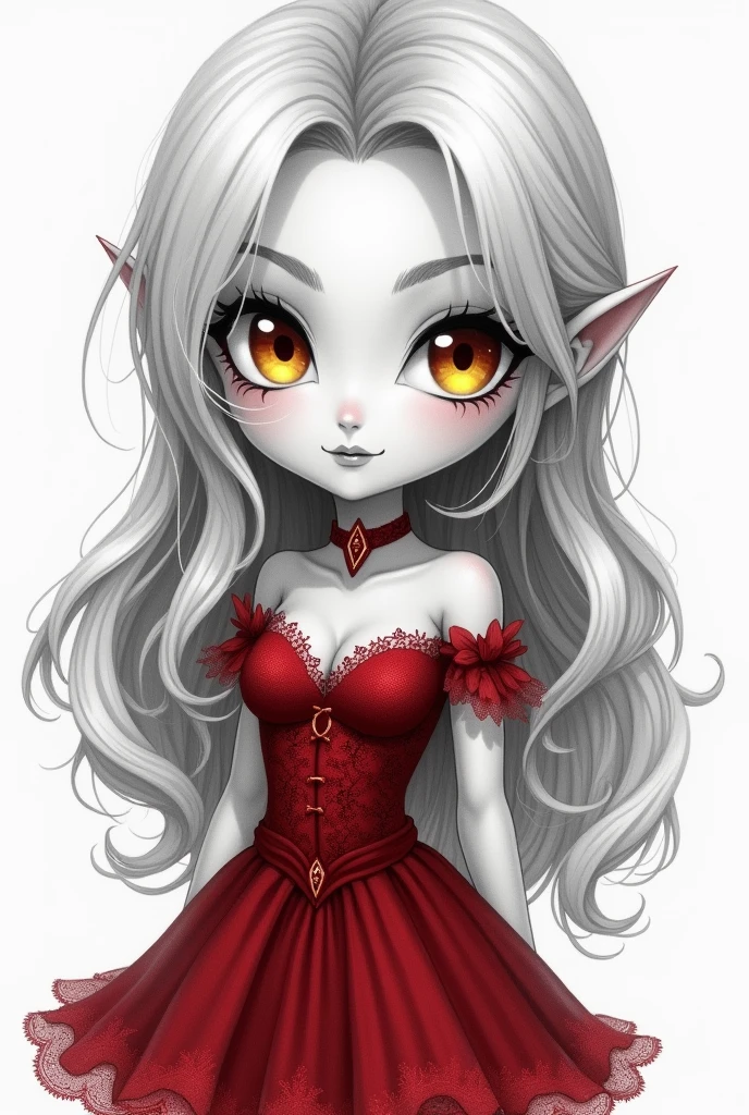 chibi, monochrome pencil drawing, self-portrait, cute beautiful pretty vampire woman, silky blonde hair, gold eyes, (attractive and seductive) and (amorous and lewd) expression, wearing red lace gothic dress, shading, shadows, contrast, conceptual installation art, 2.5D, delicate and dynamic effects, iridescent effects, artistic, hyper, graphic CG digital art, (anime, manga, cartoon, illustration)-style