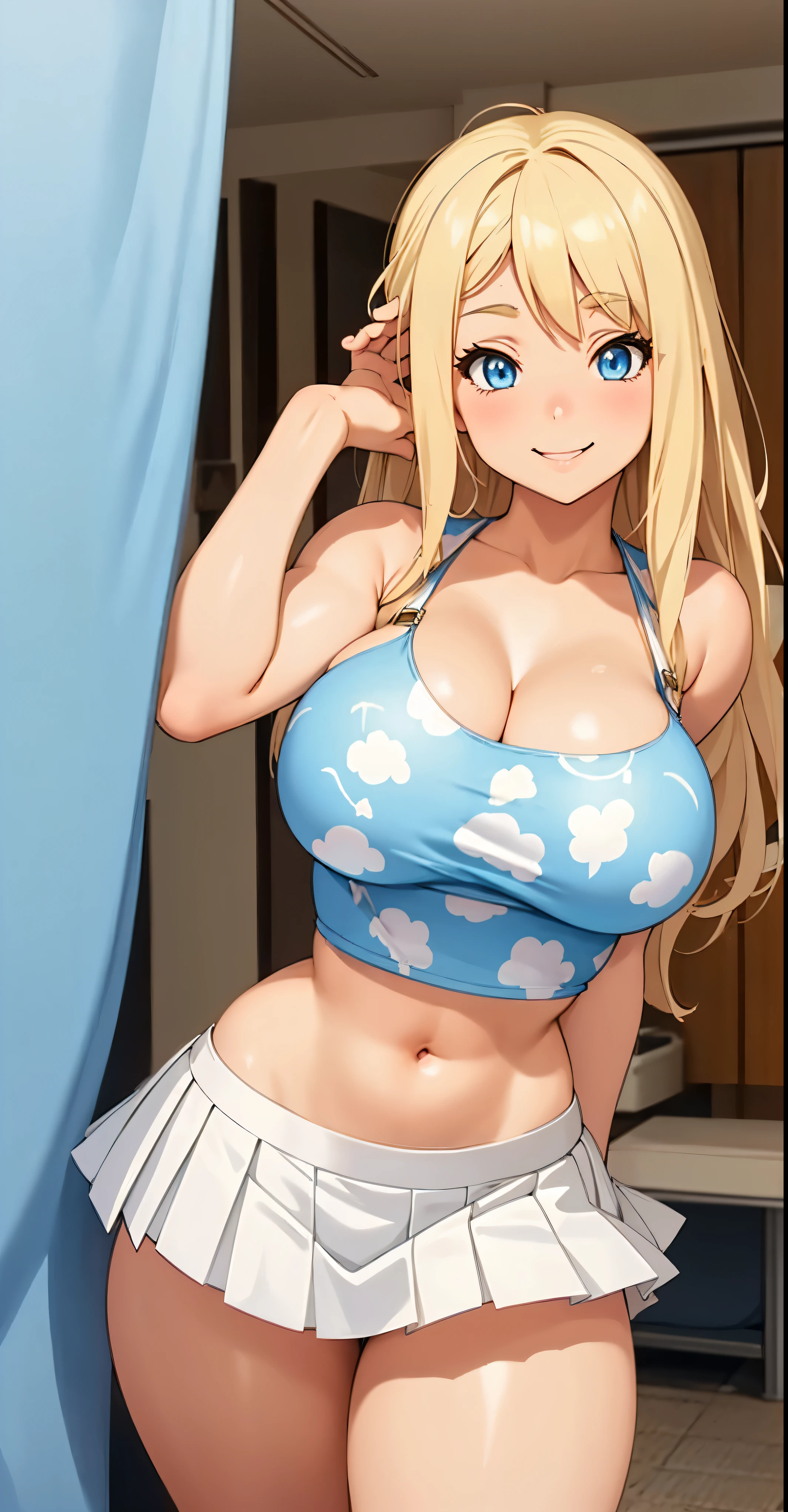 Anime girl, blue eyes, blonder hair, muy voluptuosa, , big breast, shy smile, wallpaper, puffy fabric crop top, long pleated skirt with prints, strap, breasts bounce, house