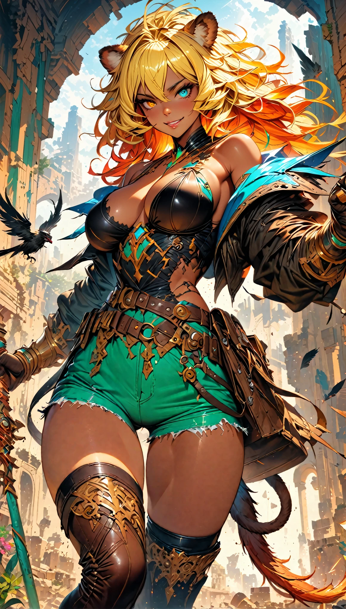 best quality,4k,8k,highres,masterpiece:1.2),ultra-detailed, extremely detailed eyes, extremely detailed body, (large masterpiece digital art), (detailed manga illustration), (detailed line art), ((perfect anatomy)), (intricate details:1.3), (ultra-detailed:1.3), (illustration:1.3), (sharp focus:1.3), (natural lighting:1.05), (vivid colors:1.3), (masterpiece), (best quality:1.4), (perfect anatomy:1.4), high quality, expressive eyes, full body, detailed face, beautiful face, perfect face, 1 girl, tall girl, ((blonde hair)), (red hair), multicolored hair, two-toned hair, ((dark skin)), (((dark skinned female))), griffon, large breasts, thick thighs, very long hair, bare shoulders, denim, (short shorts), dynamic pose, silver jewelry, choker, animal ears, (lion ears), (lion tail), thigh-highs, ((animal ears)), skin dentation, curvy, monster girl, heterochromia, (orange eye), (icy blue eye), ((wings)), feathered wings, black feathers, green glowing feathers, thigh gap, (white shirt), black leather jacket, thigh boots, dynamic lighting, cinematic lighting, smiling, ((Greek ruins background)), Atey Ghailan, Jeremy Mann, Greg Manchess, Antonio Moro, trend in ArtStation, trend in CGSociety, Intricate, High Detail, Sharp focus, dramatic and photorealistic painting art by Midjourney and Greg Rutkowski, Jeff Bridges, ((cartoon style)), Marvel Cinematic Universe style