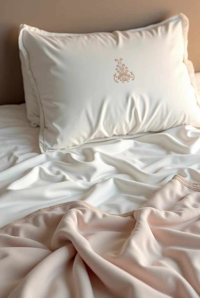 a pillow, sheet and blankets