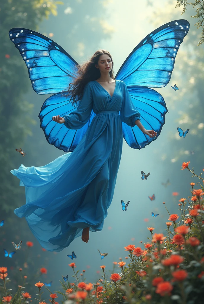 A beautiful woman wearing a blue abaya is flying high on blue butterfly wings. Underneath there are many flowers blooming. There are many small butterflies around.. background taman