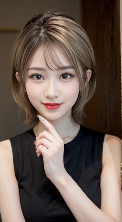 blush a little and smile, (Top quality masterpiece:1.2) Delicate illustrations, Very detailed, /Beautiful Japanese Women、1 person,Very cute and slim、Great style 、((8k images、super high quality))、Very delicate face, Big Breasts、Skin and Hair、beautifule forehead、Red lipstick、(((((short hair、Blonde、lure))))),Very cute Japanese cut face、Eyes and nose are clearly visible、Kind eyes,((((Black sleeveless fashion))))