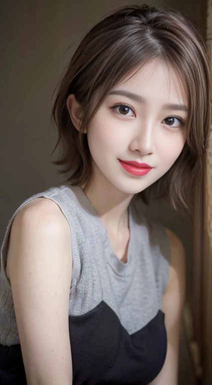 blush a little and smile, (Top quality masterpiece:1.2) Delicate illustrations, Very detailed, /Beautiful Japanese Women、1 person,Very cute and slim、Great style 、((8k images、super high quality))、Very delicate face, Big Breasts、Skin and Hair、beautifule forehead、Red lipstick、(((((short hair、Blonde、lure))))),Very cute Japanese cut face、Eyes and nose are clearly visible、Kind eyes,((((Black sleeveless fashion))))