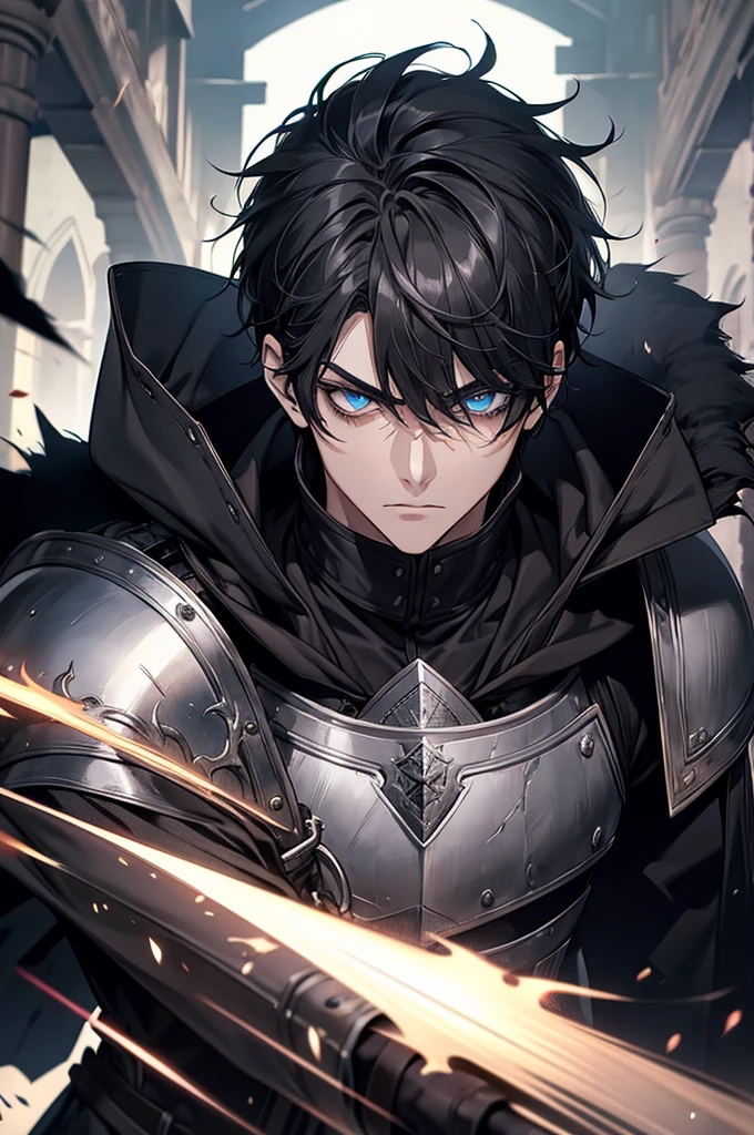 Masterpiece, High quality, Portrait, anime style, man,manหนุ่ม 31 ปี, angry face, Severe attack,  Anger, glowing eyes, ผู้manอนิเมะตัวสูงที่มีตาสีฟ้า, black short hair, ((blue eyes)),Quiff Hairstyles, ((short black hair)), [Thick eyebrows], Young Knight, ((black long coat)), ((all black)),Silver veil edge, (blue eyes) , handsome , Facial expressions, black knight armor , black fur shawl(Masterpiece,best quality,special, (Broad shoulders)) (muscle), Set up an attack, attack, There is an injury. , The background is a battlefield. ,Wearing black armor, Palm attack