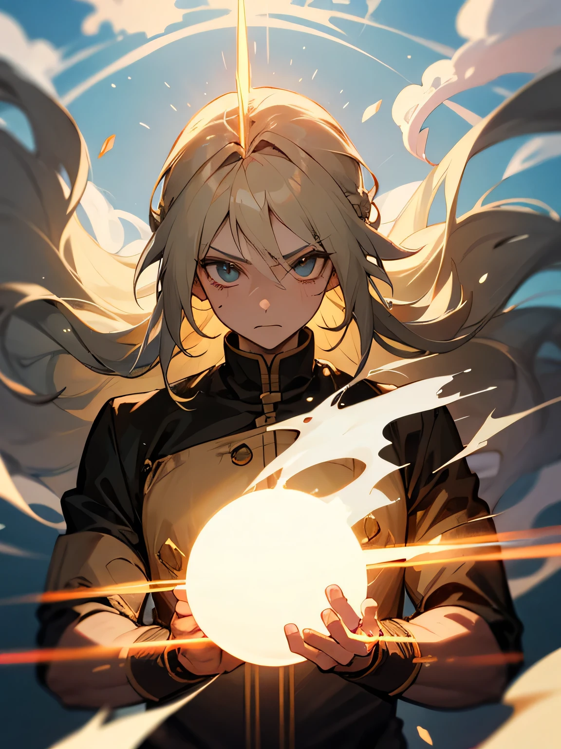 solo, upperbody, divine, blonde and black streaked hairstyle, tsurime, God Almighty, God's staff, dry ice, smoke, the strongest power,