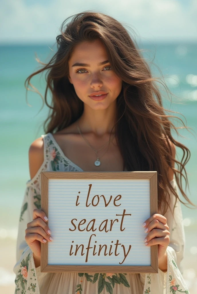 Beautiful girl with wavy long hair, bohemian dress, holding a white board with text "I Love Seaart Infinity" and showing it to the viewer