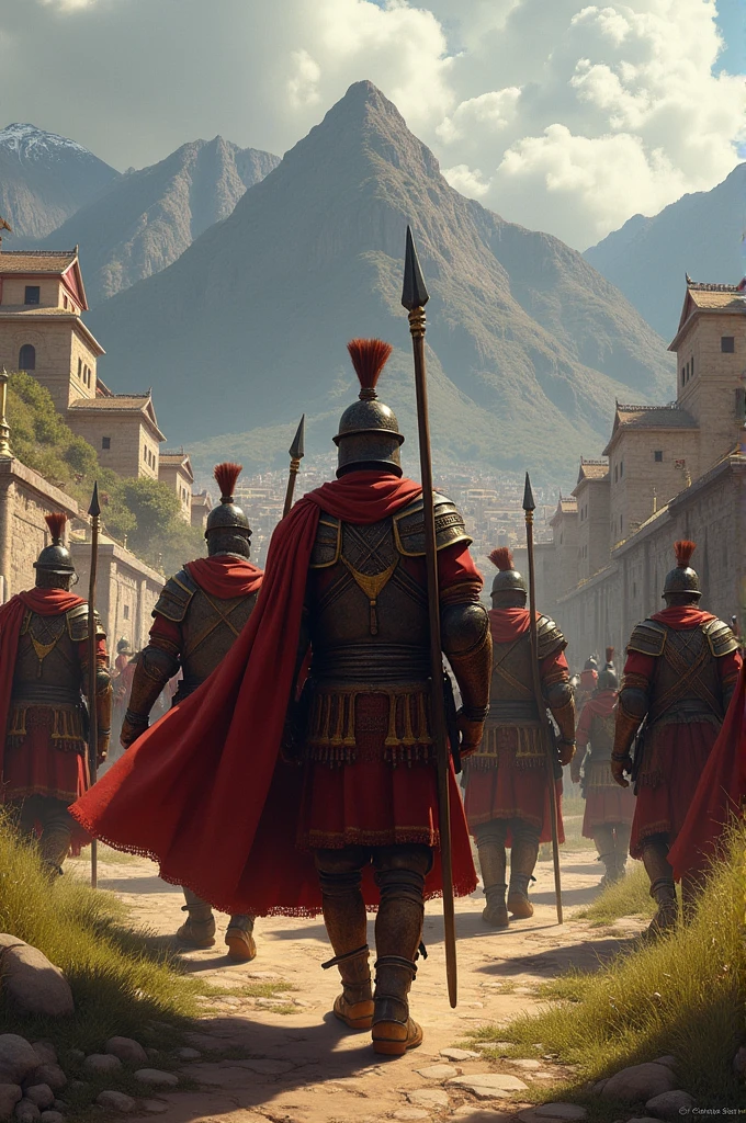 Cuzco with Inca soldiers from behind 