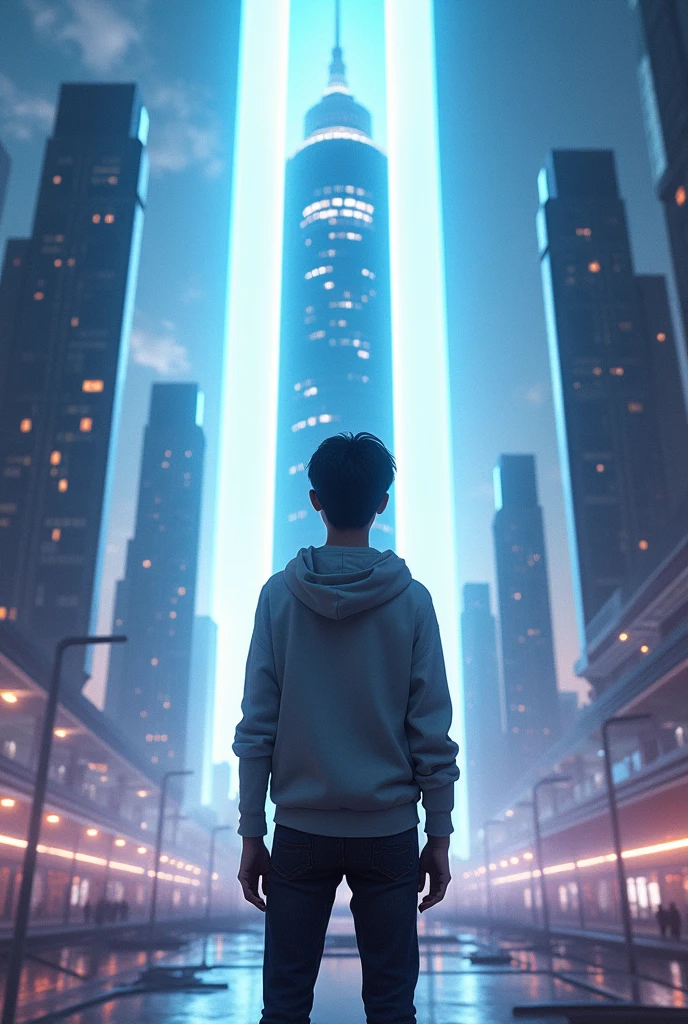 A 16 year old teenager, behind him a futuristic city, and in the center a building that emits a blinding light
