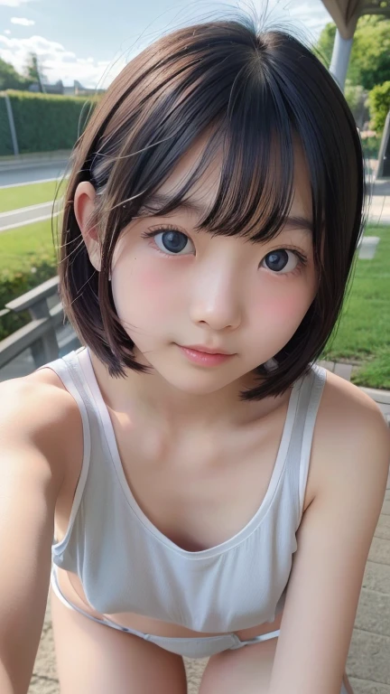 shoot from below,One person,Face in perfect proportions, Balanced Eyes, double eyelid,Japanese,young girl, Innocent face, smiling, close eyes, Open your mouth,Beautiful nose, Lip gloss,shoot from front,(loose neck tanktop),((undersize panties)),look at a viewer,shorthair with bangs,on grass,daytime