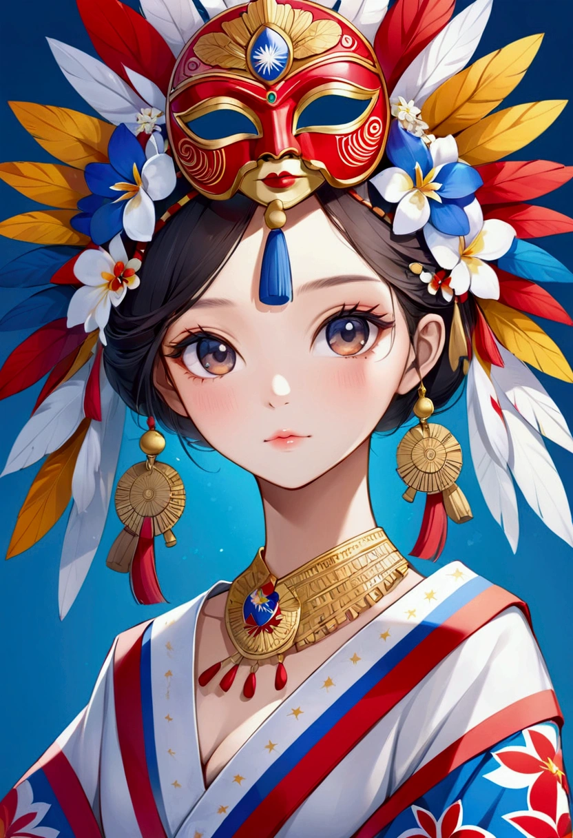 Create a beautiful illustration of Philippines mask-headdress design that feels like representing "WIKA" vibes (Front View). No human, must be only headdress with a mask. With Philippines symbolism