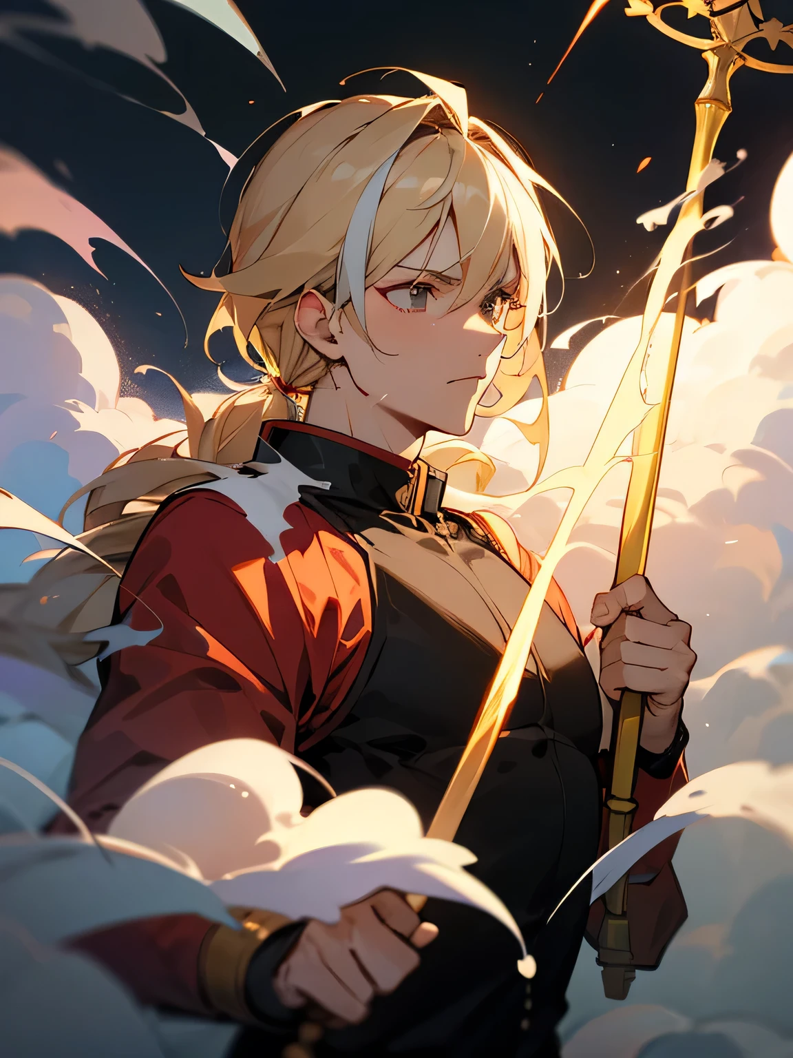 solo, upperbody, divine, blonde and black streaked hairstyle, tsurime, God Almighty, God's staff, dry ice, smoke, the strongest power,