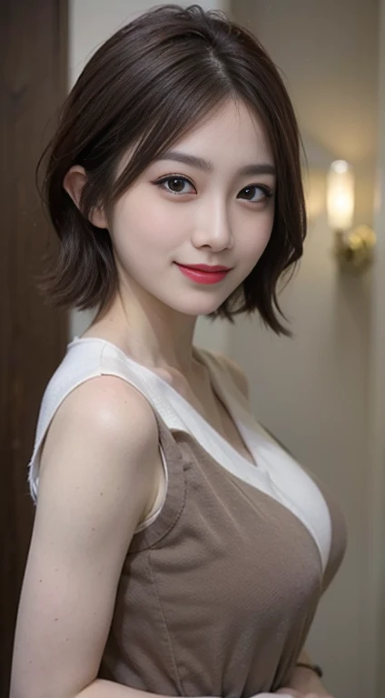 blush a little and smile, (Top quality masterpiece:1.2) Delicate illustrations, Very detailed, /Beautiful Japanese Women、1 person,Very cute and slim、Great style 、((8k images、super high quality))、Very delicate face, Skin and Hair、Big Breasts、beautifule forehead、Red lipstick、(((((short hair、Brown Hair、lure))))),Very cute Japanese cut face、Eyes and nose are clearly visible、Kind eyes,((((White sleeveless fashion))))