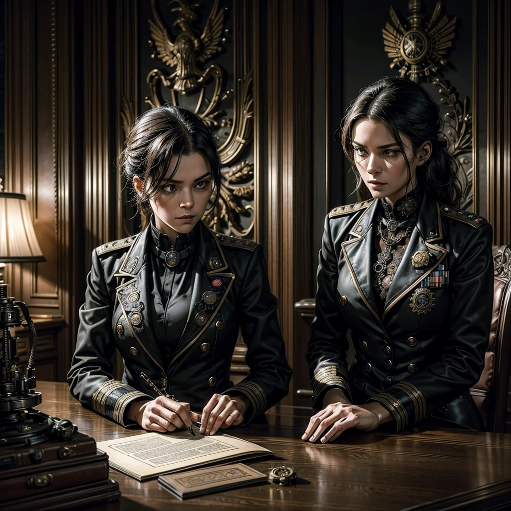 A woman in a sleek military uniform with intricate steampunk detailing signs classified documents at an antique oak desk. Unbeknownst to her, a shadowy hitman lurks behind, holding a taut rope with sinister intent. The room is dimly lit, highlighting the dramatic tension between the two characters, adding a suspenseful element to the scene.