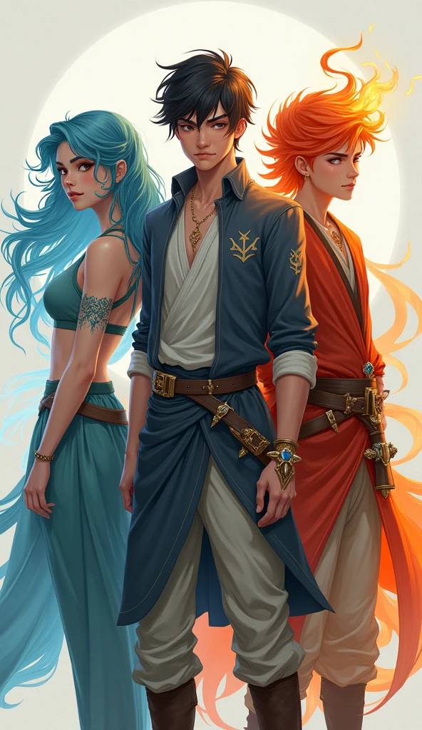 Create three character designs for a fantasy story. The first character is Nereida, representing Water. She is a young woman with flowing, wavy hair in shades of blue and teal, dressed in soft, fluid fabrics that resemble the movement of water. Her expression is gentle yet reflective, embodying emotional depth and adaptability. The second character is Gael, representing Earth. He is a sturdy young man with short, dark hair, and a grounded presence. His clothing is earthy in color, with textures resembling soil and stone. He has a calm and reassuring expression, symbolizing stability and security. The third character is Ignis, representing Fire. He is a vibrant young man with fiery red or orange hair, styled in a way that resembles flames. His outfit is dynamic and sharp, with elements that suggest energy and passion. His expression is intense and lively, capturing the essence of fire. The characters should each be distinct, yet complementary, with their elemental themes subtly reflected in their design. The overall style should be modern fantasy, with attention to detail and a cohesive color palette.