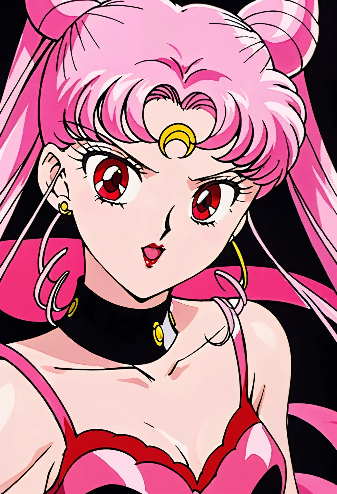 Wicked Lady from Sailor Moon, pink hair, red eyes, black background, black half moon mark on forehead, 
