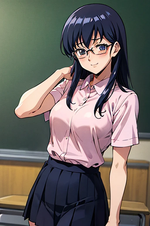 ((Anime Style))、((female teacher))、３０age、pink collared shirt、BREAK、High resolution、high quality、masterpiece、Classroom Pulpit、smile、skirt、Glasses、long hair