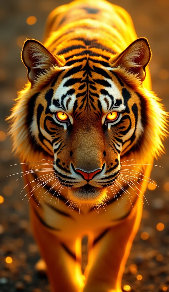 Tiger,Fantastic fantasy,Glowing in gold,Moody Color,Golden glitter background,Close-up of face