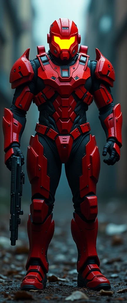 A full body front view of the male warrior with a large well-built powerful body type, dressed in striking and imposing red and black armor adorned with LED head-mounted spotlight that casts a bright yellow beam of light. The piercing red and orange eyes behind the red transparent glass face shield built into the helmet stand out against the darkened backdrop, radiating intensity. his right hand firmly grips a gun, while the blurred background creates a dramatic contrast to his bold attire.