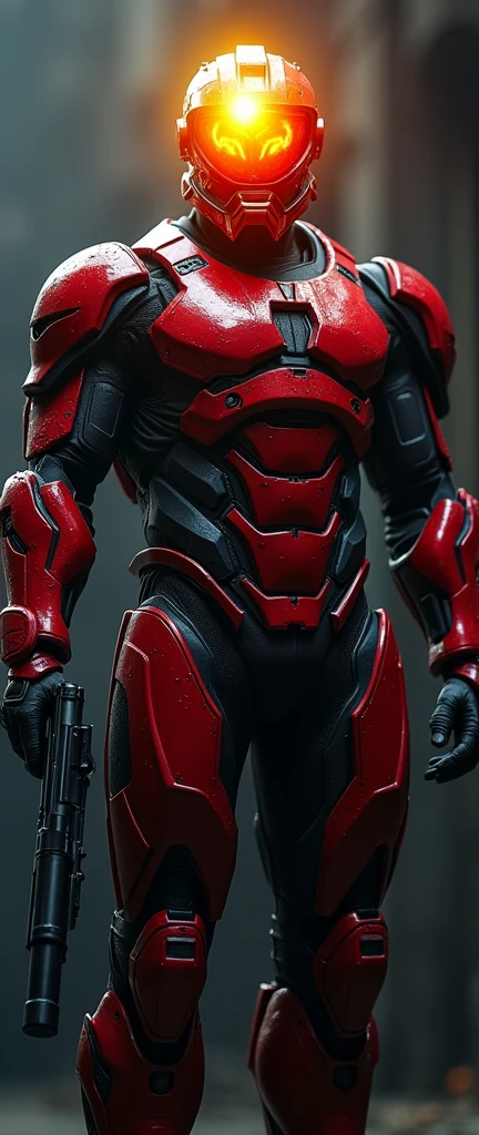A full body front view of the male warrior with a large well-built powerful body type, dressed in striking and imposing red and black armor adorned with LED head-mounted spotlight that casts a bright yellow beam of light. The piercing red and orange eyes behind the red transparent glass face shield built into the helmet stand out against the darkened backdrop, radiating intensity. his right hand firmly grips a gun, while the blurred background creates a dramatic contrast to his bold attire.
