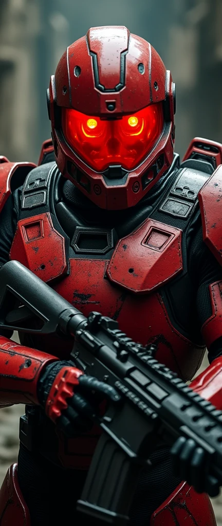 A full body front view of the male warrior with a large well-built powerful body type, dressed in striking and imposing red and black armor adorned with LED head-mounted spotlight that casts a bright yellow beam of light. The piercing red and orange eyes behind the red transparent glass face shield built into the helmet stand out against the darkened backdrop, radiating intensity. his right hand firmly grips a gun, while the blurred background creates a dramatic contrast to his bold attire.