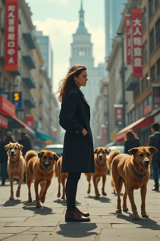 A woman seeing dogs in street