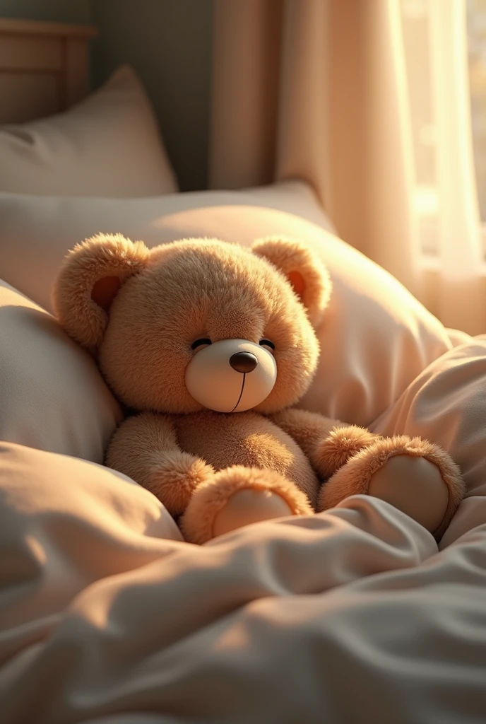 pillows, sheets and a bear at rest