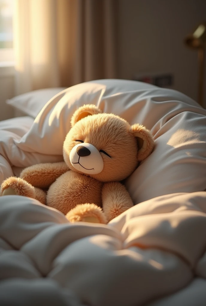 pillows, sheets and a bear at rest