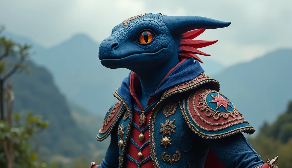 Panama as a central american League of Legend creature in dark blue, carmine red and white colors. A blue star and a red star. Intricated clothing. Cinematic Fantasy sci-fi landscape background