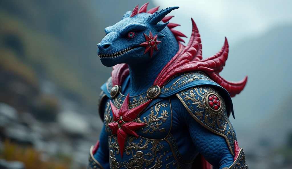 Panama as a central american League of Legend creature in dark blue, carmine red and white colors. A blue star and a red star. Intricated clothing. Cinematic Fantasy sci-fi landscape background