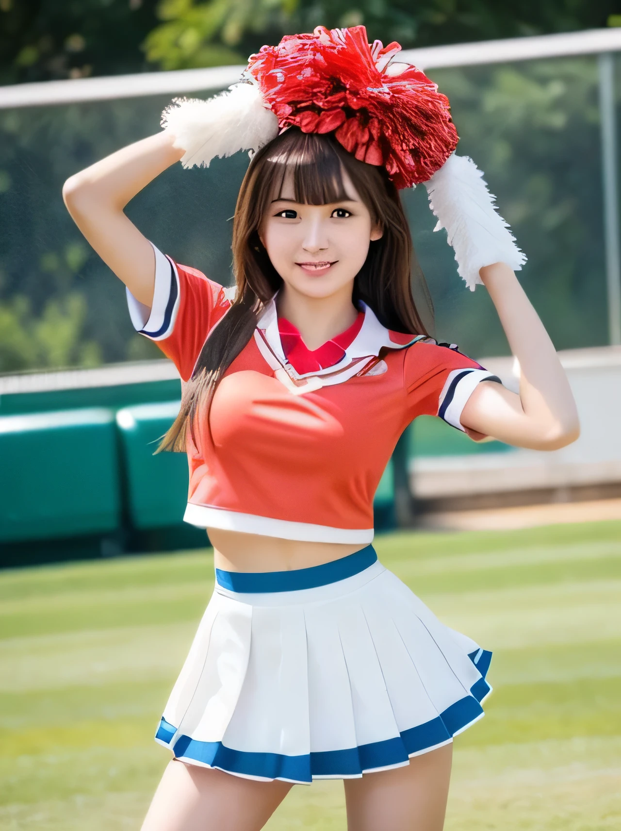 Highest quality　Japanese２０Female in her early teens　Egg-shaped contour　Round eyes　Brown Hair　Long Hair　With bangs　Cheerleader outfit　mini skirt　Energetic pose　photograph