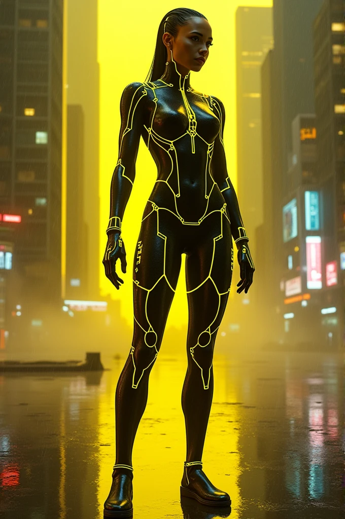 Create C.L.U. From Tron legacy in a rainy yellow neon cyberpunk background
