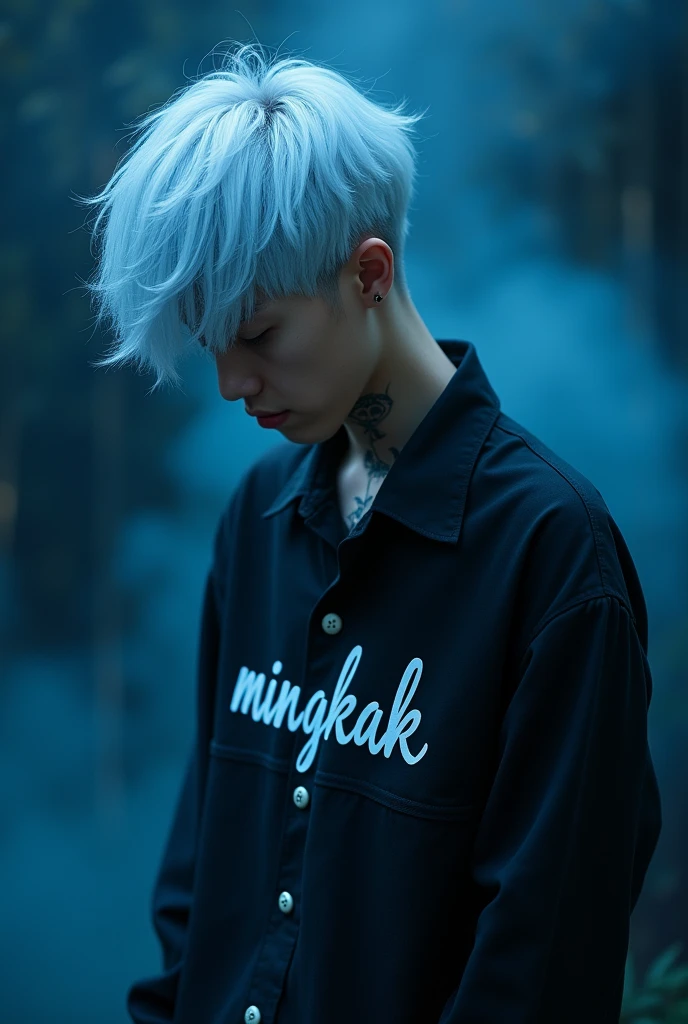make me a HD picture. a handsome 17 year old thai boy.white hair slightly bluish.wearing black clothes. there is a flower tattoo on her neck. is bowing his head with many styles.displays "MINGKAK"  on his clothes. divine dark and smoky thin background.detailed and clear creation.blue light font.