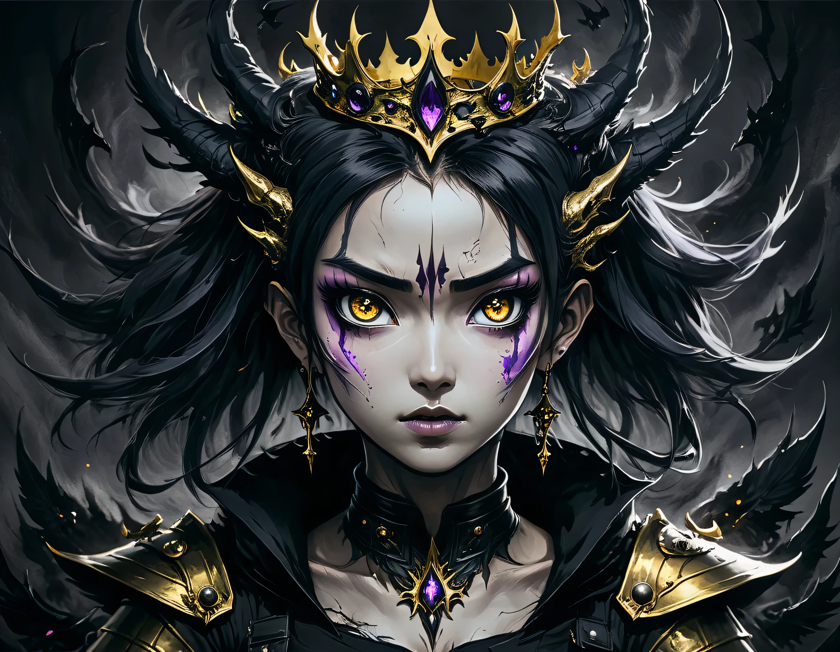 (((black charcoal sketch)))Manga, Surreal horror style by clive barker,surreal abstract art, crown on her head, gold crown, black purpple aura on her back, with asian girl, Girl,crazed demonic realm of madness,weirdcore,depth of field,unsettling,asymmetric abnormalities,surreal masterpiece,insanely detailed,insane imagination illustrated,sharp focus,creepy,never before seen art of an evil mastermind,demented dream, with a dool on her hand, and dark effect on the background, pencil art style, draw, with wing, evil wing, huge wing, dragon crown,  evil face, armored shirt