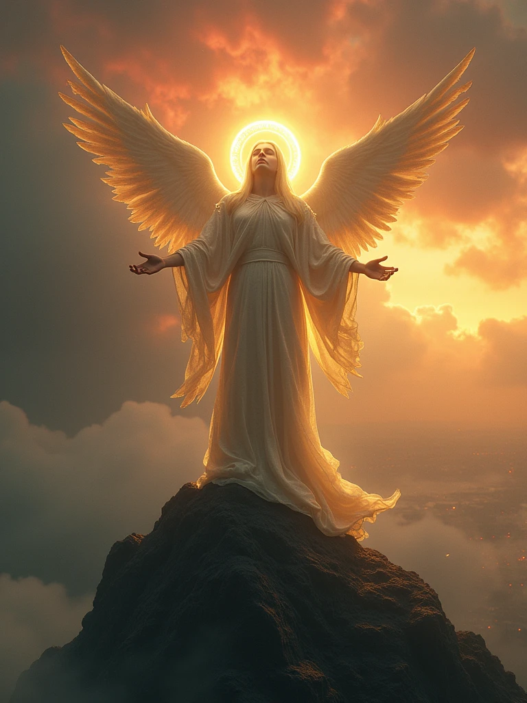 An angel figure clad in shimmering robes stands atop a mountain peak at dusk, with clouds of apocalyptic orange and crimson hues gathering behind. The messenger's arms outstretched, palms facing the heavens as they gaze down upon the mortal realm below. A halo of golden light surrounds their head, illuminating their solemn expression. In the distance, cities and towns are shrouded in a thick, gray mist, symbolizing the impending doom, renaissance, photorealistic