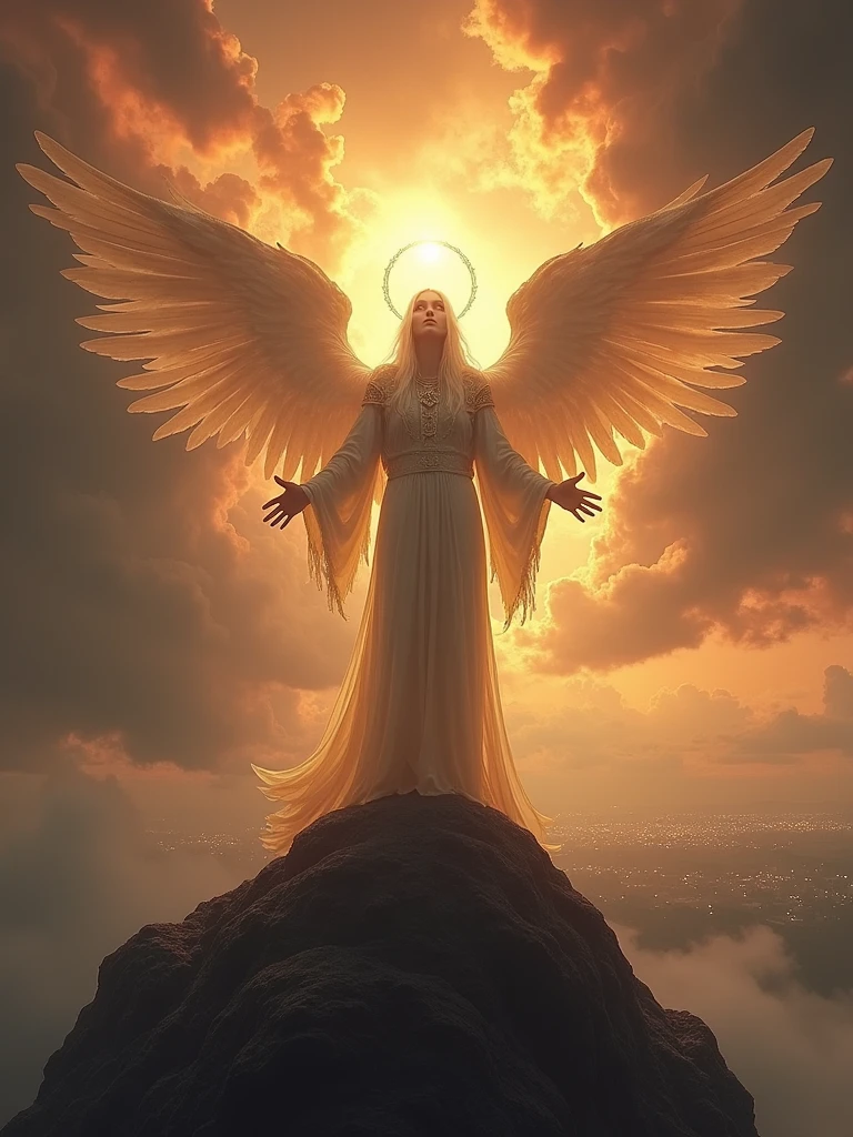 An angel figure clad in shimmering robes stands atop a mountain peak at dusk, with clouds of apocalyptic orange and crimson hues gathering behind. The messenger's arms outstretched, palms facing the heavens as they gaze down upon the mortal realm below. A halo of golden light surrounds their head, illuminating their solemn expression. In the distance, cities and towns are shrouded in a thick, gray mist, symbolizing the impending doom, renaissance, photorealistic