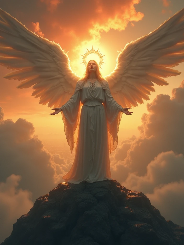 An angel figure clad in shimmering robes stands atop a mountain peak at dusk, with clouds of apocalyptic orange and crimson hues gathering behind. The messenger's arms outstretched, palms facing the heavens as they gaze down upon the mortal realm below. A halo of golden light surrounds their head, illuminating their solemn expression. In the distance, cities and towns are shrouded in a thick, gray mist, symbolizing the impending doom, renaissance, photorealistic