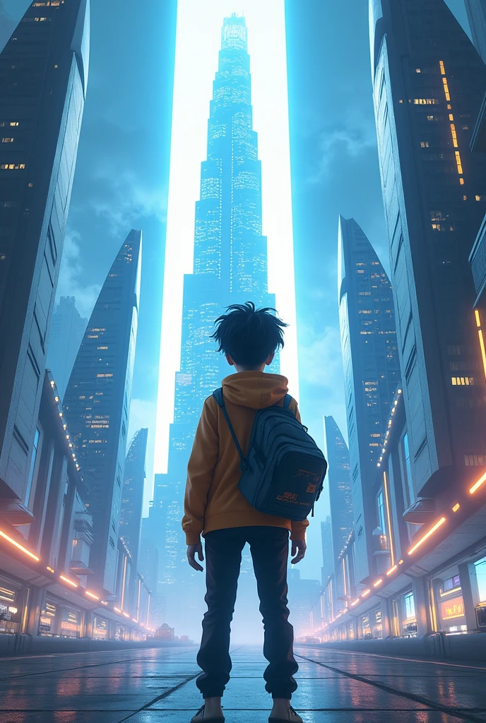 A 16 year old teenager, behind him a futuristic city, and in the center a building that emits a blinding light 