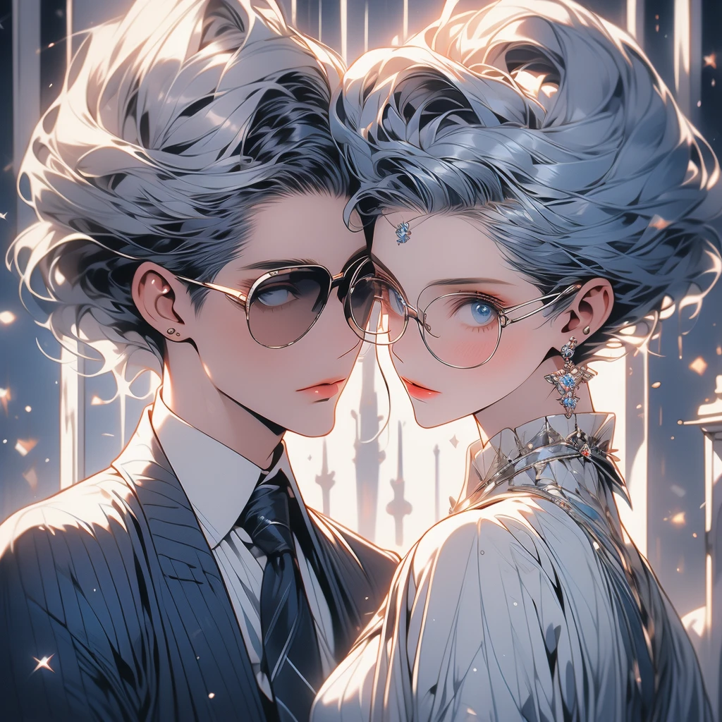 pale skin + blue eyes + dark grey hair with a barely noticeable white streak at her temples + bob haircut, she styles her hair in a Marseille wave hairstyle + woman + adult woman + suit + tie + serious + dominant