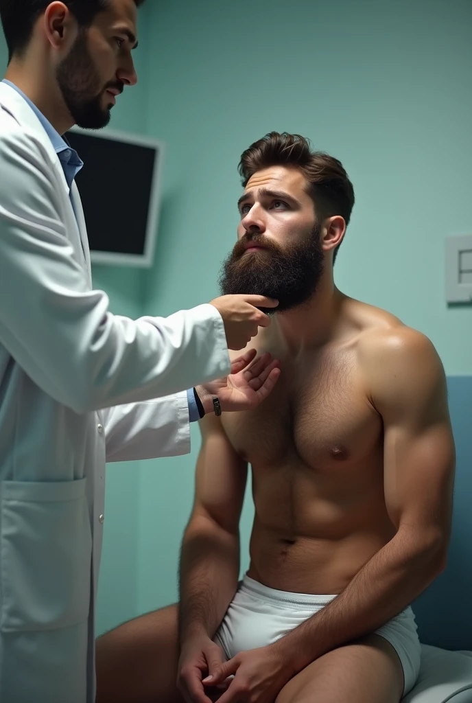 Young hairy bearded man in white underwear having his beard examined by a doctor.