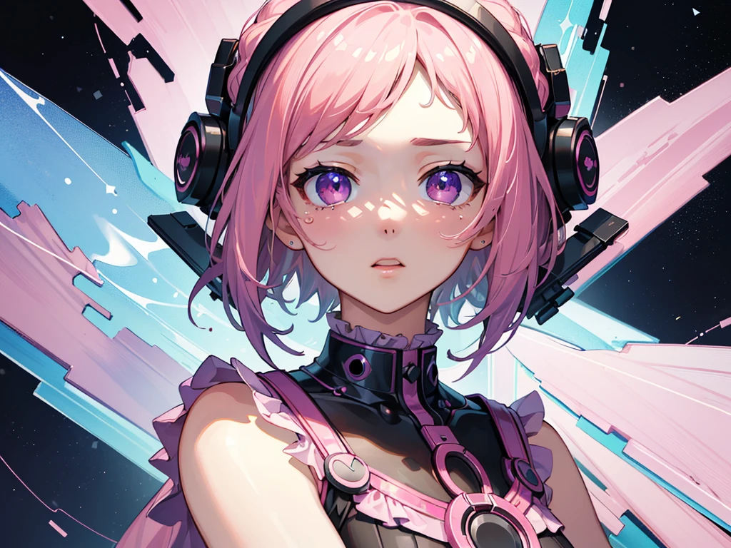 ((Highest quality, 8k, masterpiece: 1.3)),((Amazing details: 1.2)),((figure: 1.1)),Vaporwave,pink,dream-like,Roffi style,distort,computer,Film Grain,pinkの髪、pinkの頬、Are crying