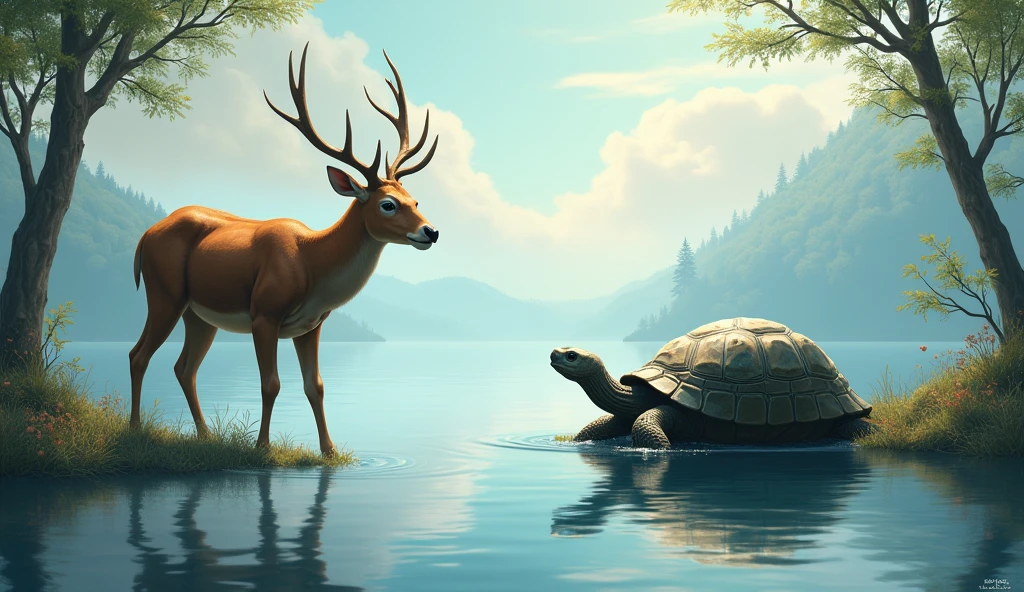 "The deer arrives at the edge of a tranquil lake, panting and scared. The tortoise is by the water, looking up at the deer with concern. The lake is calm, with clear water reflecting the surrounding trees and sky. The tortoise is suggesting a plan, and the deer is listening intently, creating a moment of hope amidst the tension."